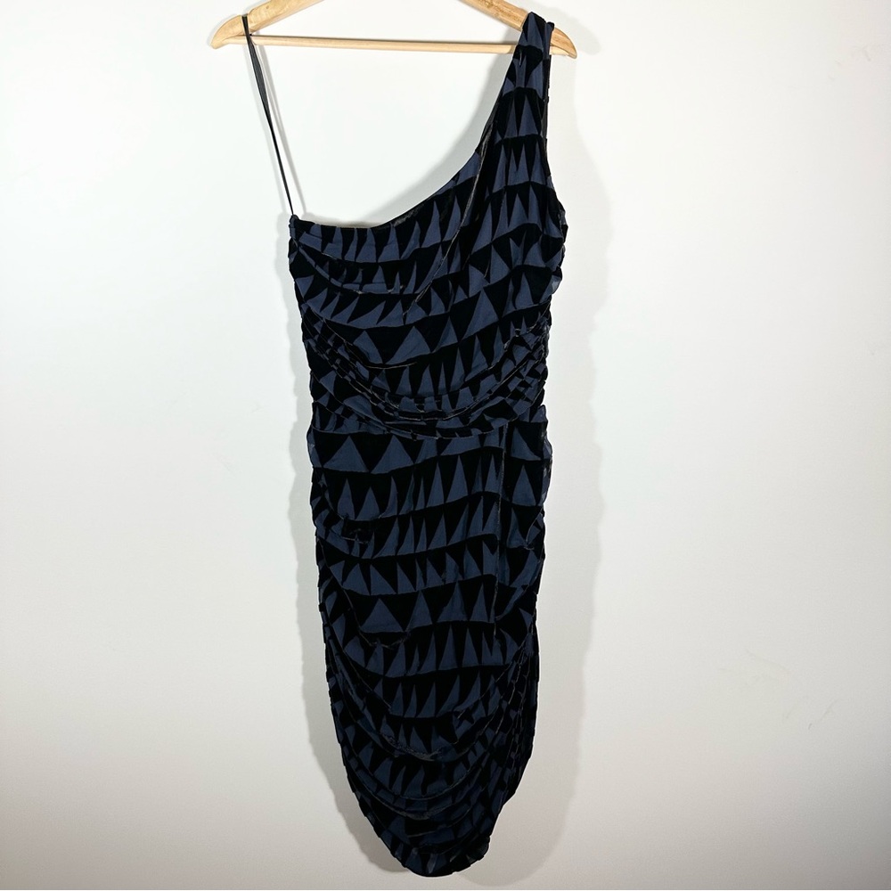 MARA HOFFMAN Geometric Black & Blue Velvet One Shoulder Ruched Mini Dress Size 6